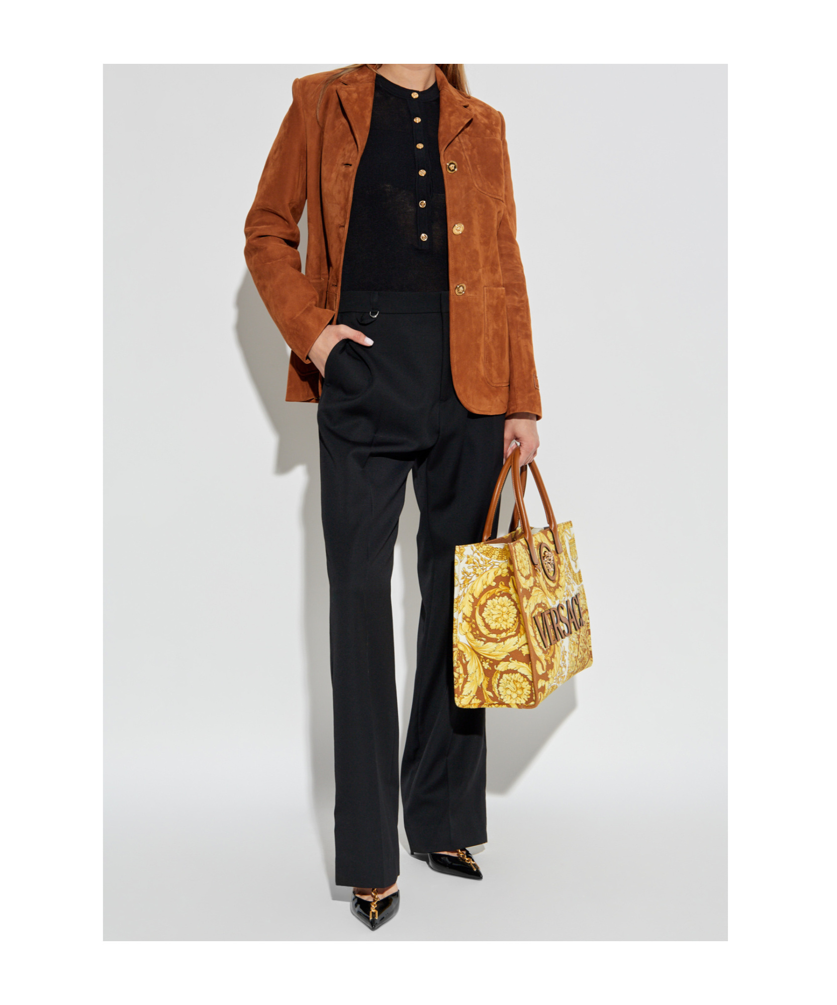 Versace Long Sleeve Leather Jacket In Brown