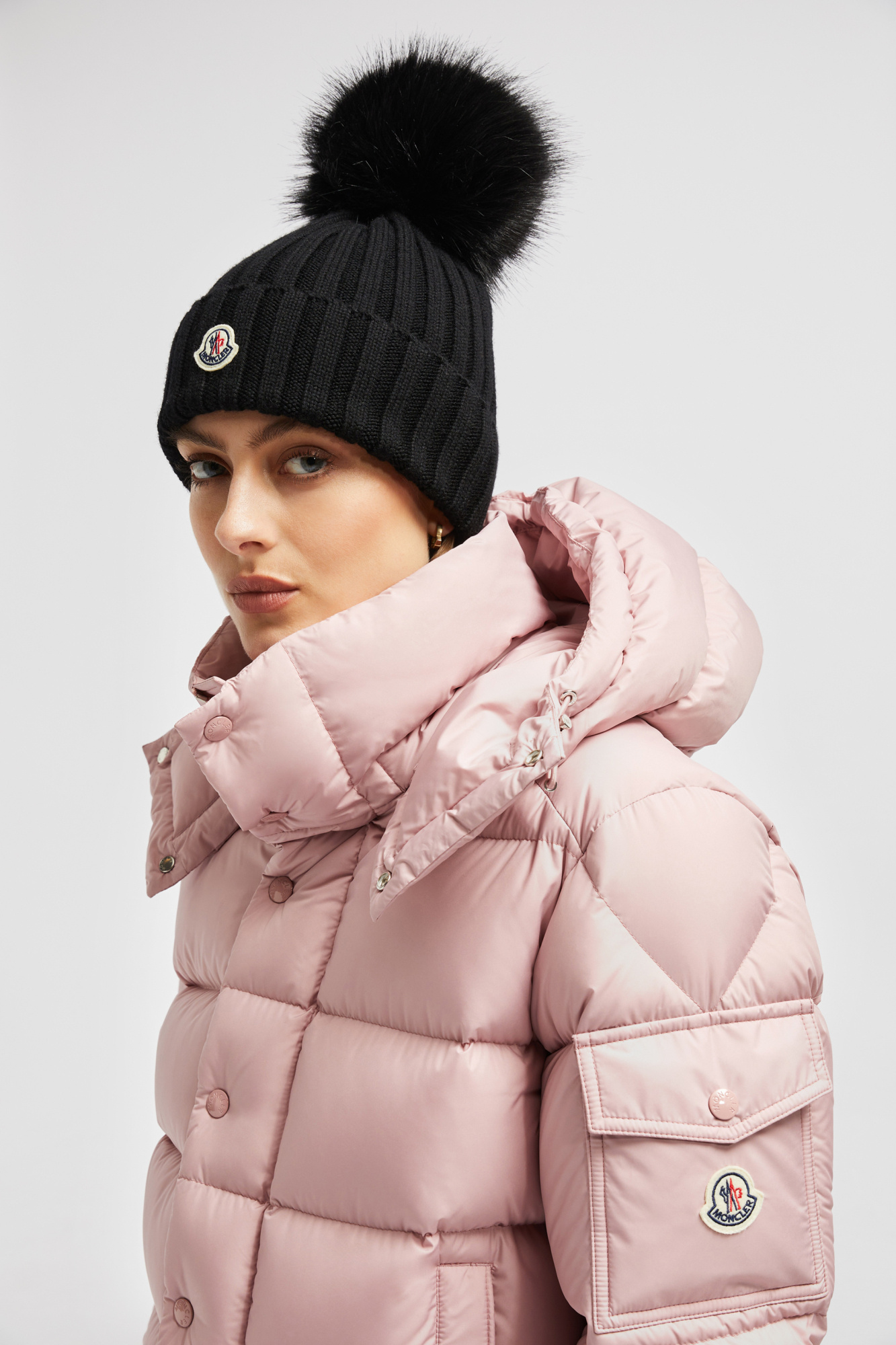 Moncler Ribbed Knit Wool Beanie With Faux Fur Pom-pom In Black