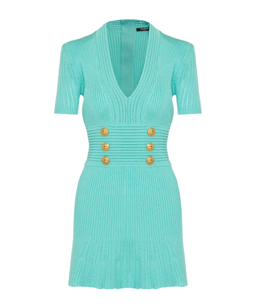 Balmain Knit Mini Dress With Button Details In Green