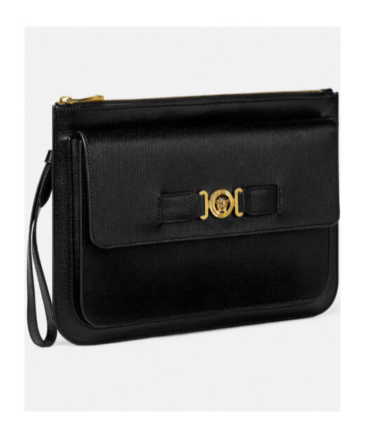 Versace Medusa Plaque Mini Leather Clutch Bag In Black