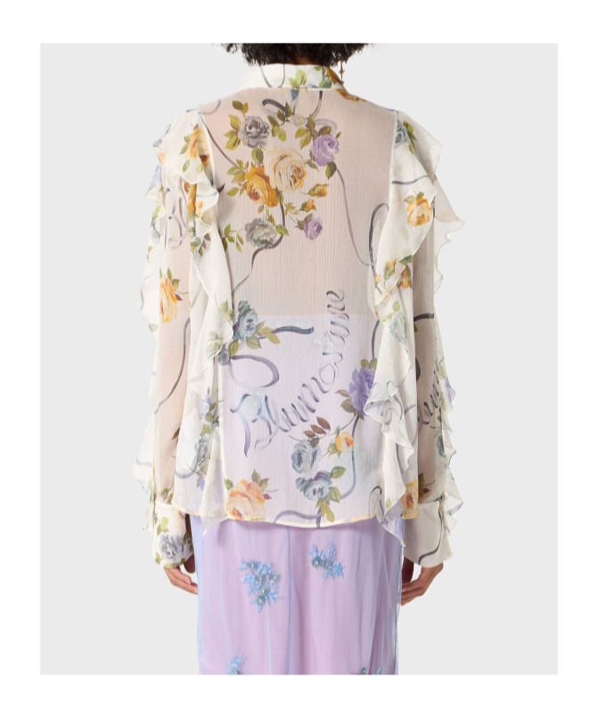 BLUMARINE BLUMARINE FLORAL PRINTED SEMI SHEER RUFFLED SHIRT 