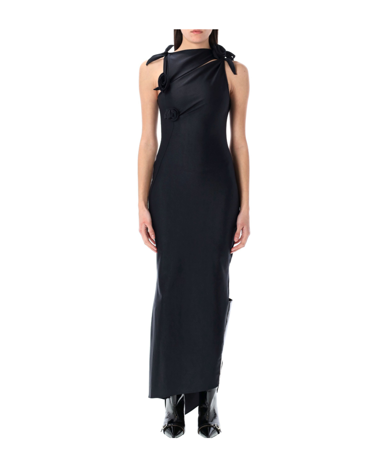 Coperni Embellished Asymmetric Flower Gown In Black