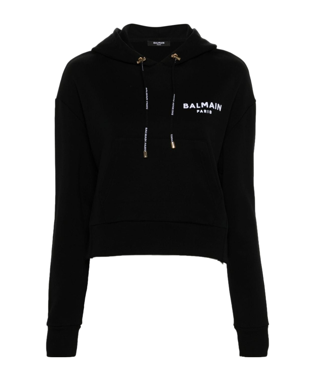 Balmain Flocked Logo Cotton Crop Hoodie In Black
