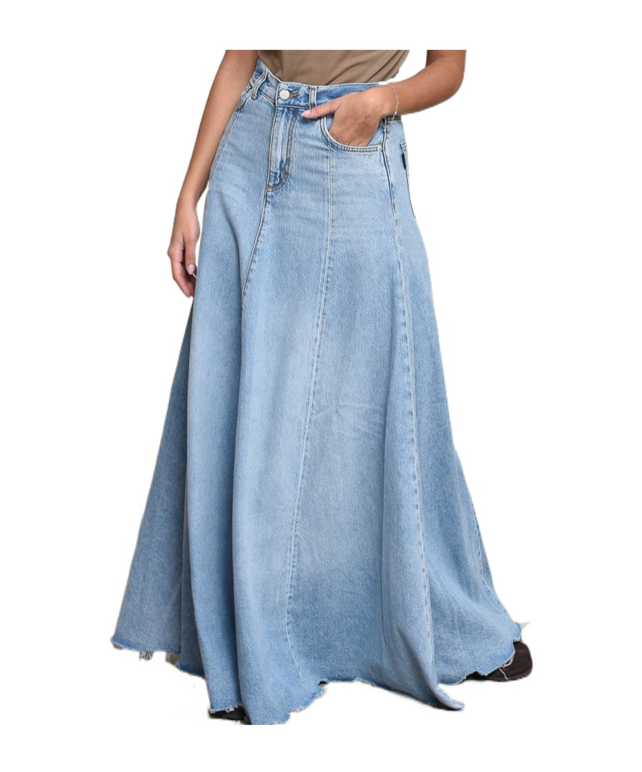 Haikure Serenity Distressed Paneled Denim Maxi Skirt In Blue