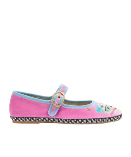 Valentino Garavani Mary-jane Endouce Velvet Ballerina With Le Chat De La Maison Embroidery In Pink