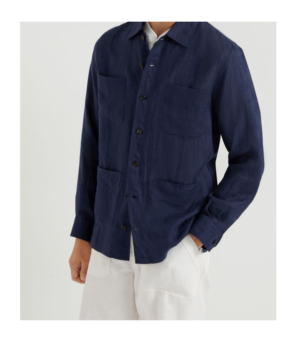 Brunello Cucinelli Linen Shirt With Chest Pockets And Collar In Blue