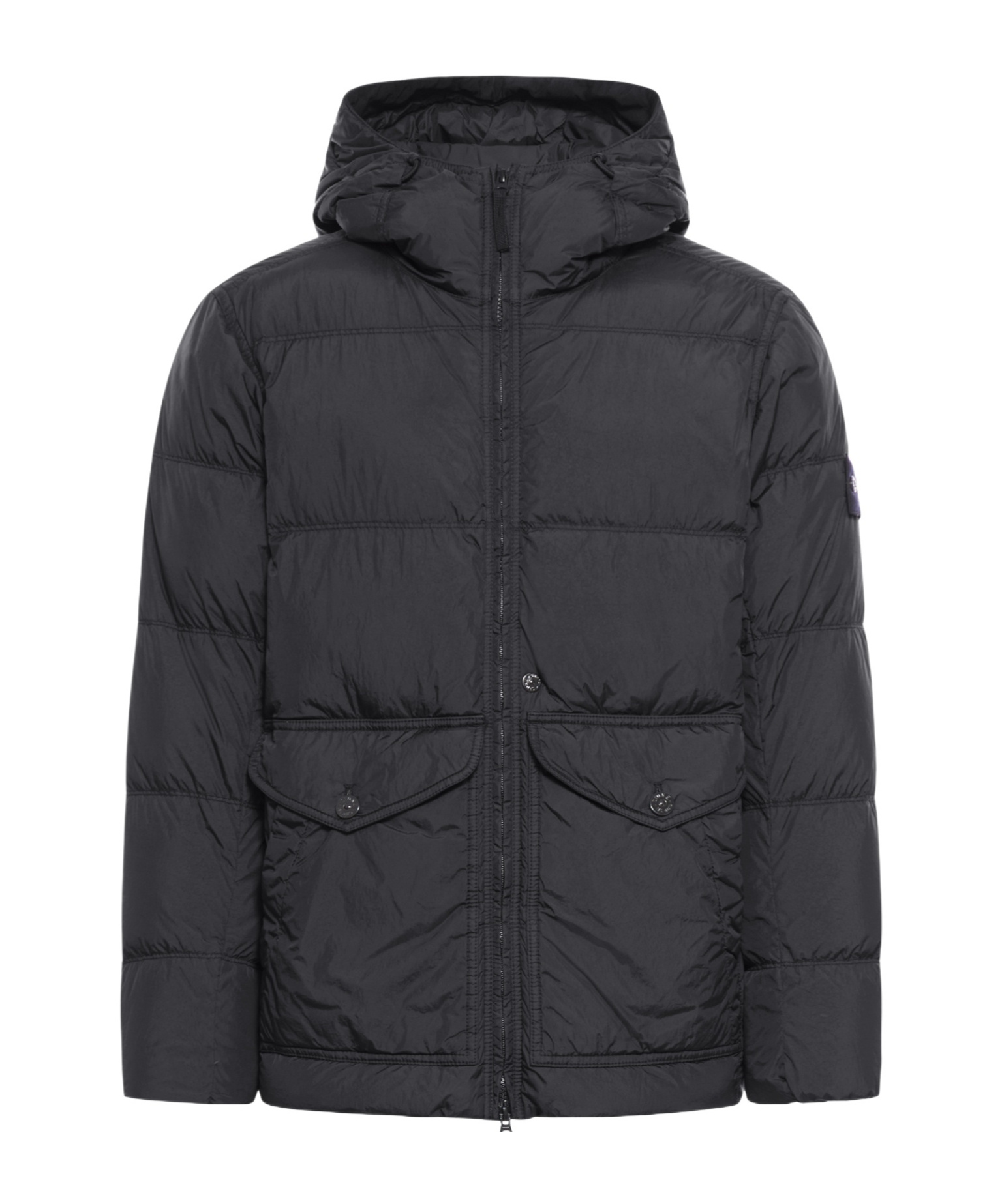 Stone Island Blue Down Jacket With Drawstring Hood And Logo Patch On The Sleeve In Tech Fabric Man In Black