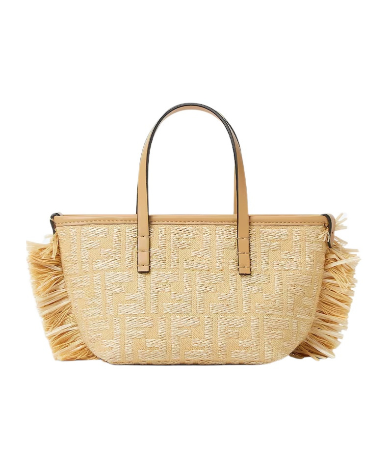 Fendi Borsa A Mano Roll Mini In Rafia Ricamata  Donna In Light Brown