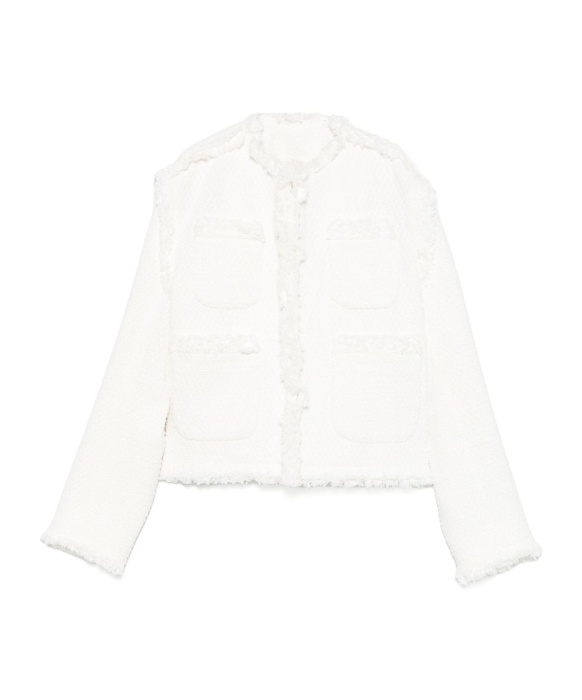 Sacai Cropped Denim Jacket Fringe Detailing In White