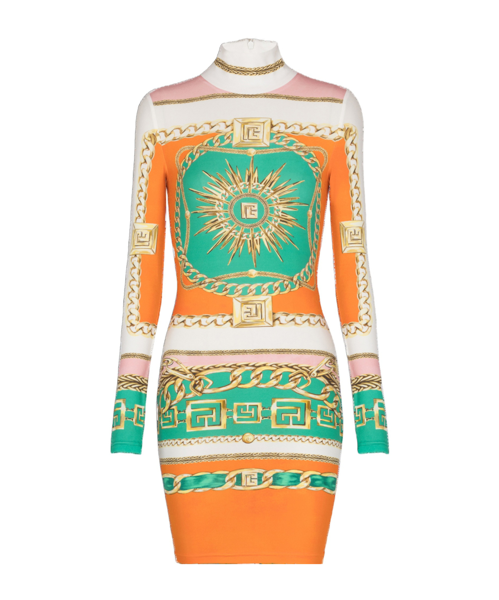 Balmain Foulard Print Long Sleeve Body-con Minidress In Orange