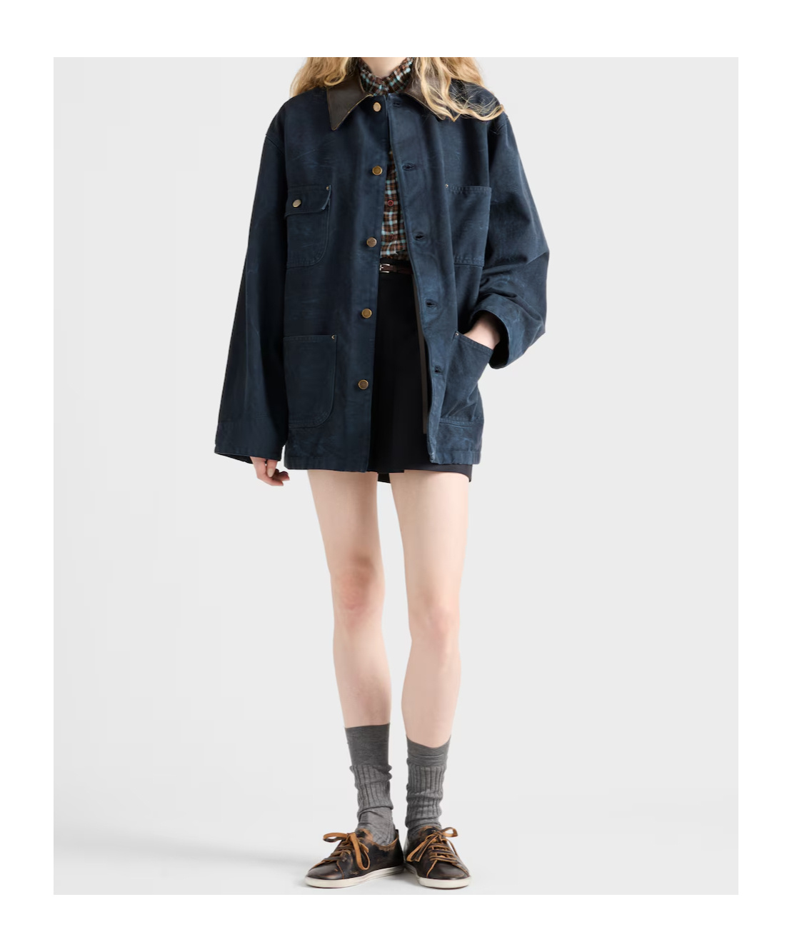 Prada Leather-collar Canvas Utility Jacket In Blue
