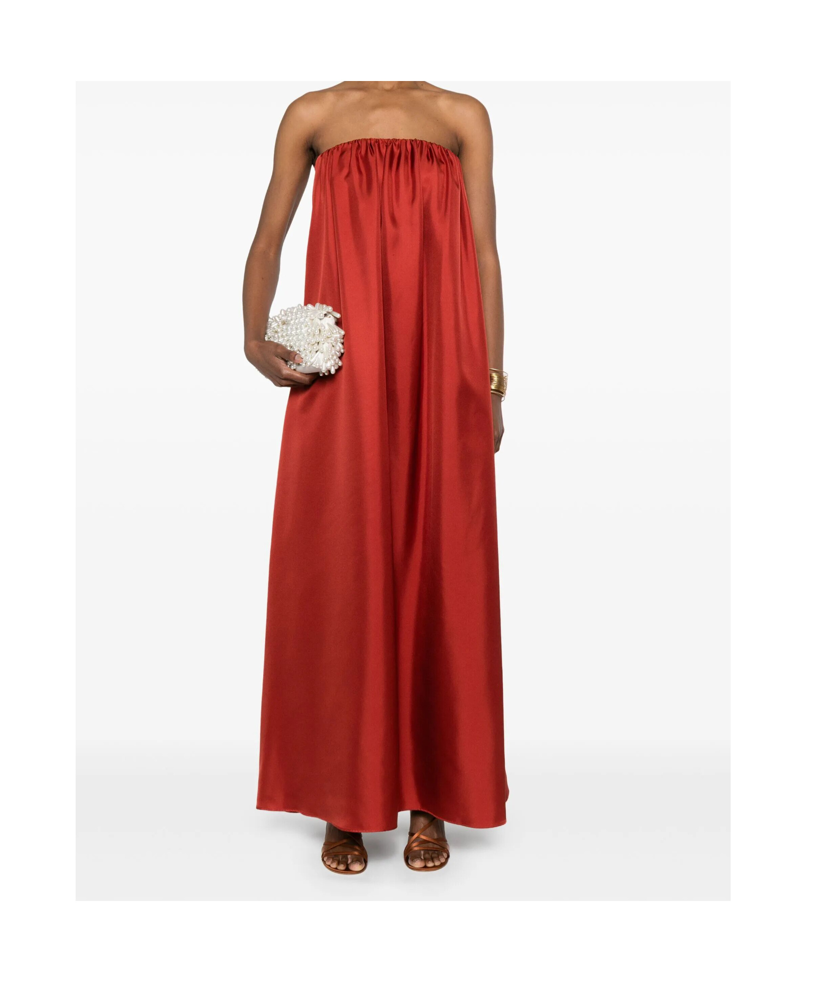 Max Mara Strapless Satin Floor-length Dress With Gathered Neckline In Red