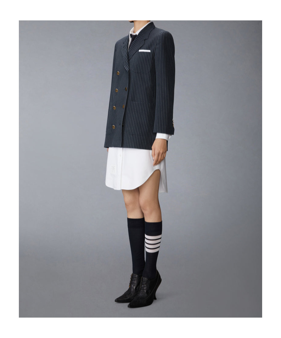 Thom Browne Pinstripe High Twist Wool Sack Sportcoat Dress In Blue