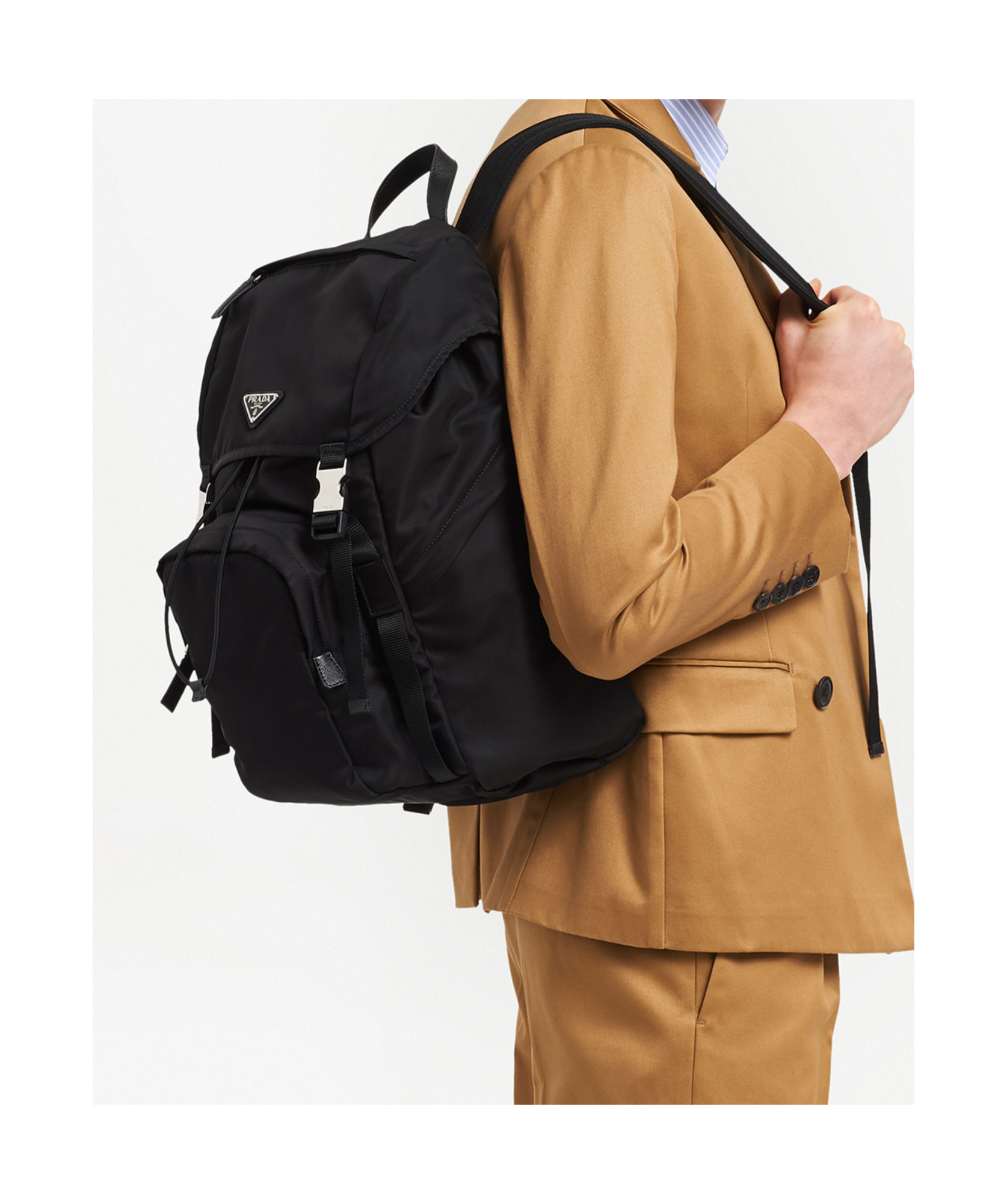 Prada Men's Re-nylon Backpack With Snap Fastener In Black