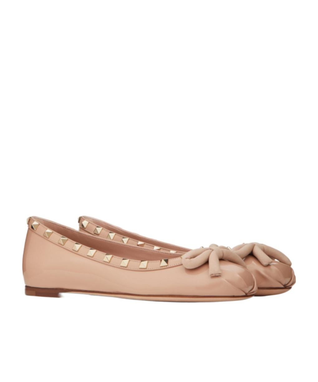 Valentino Leather Ballet Flats With Bow And Studs In Nude