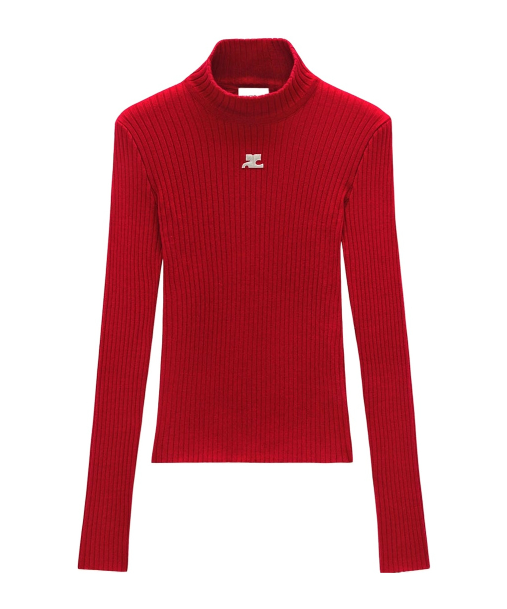Courrèges Logo-embroidered Roll-neck Jumper In Red