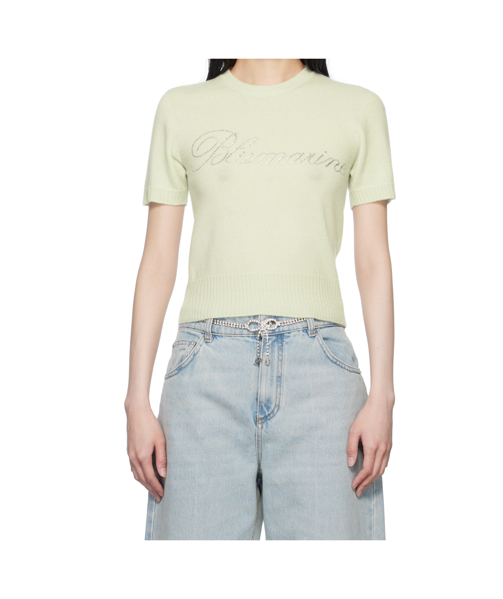 Blumarine Green Cashmere Cropped Sweater In White