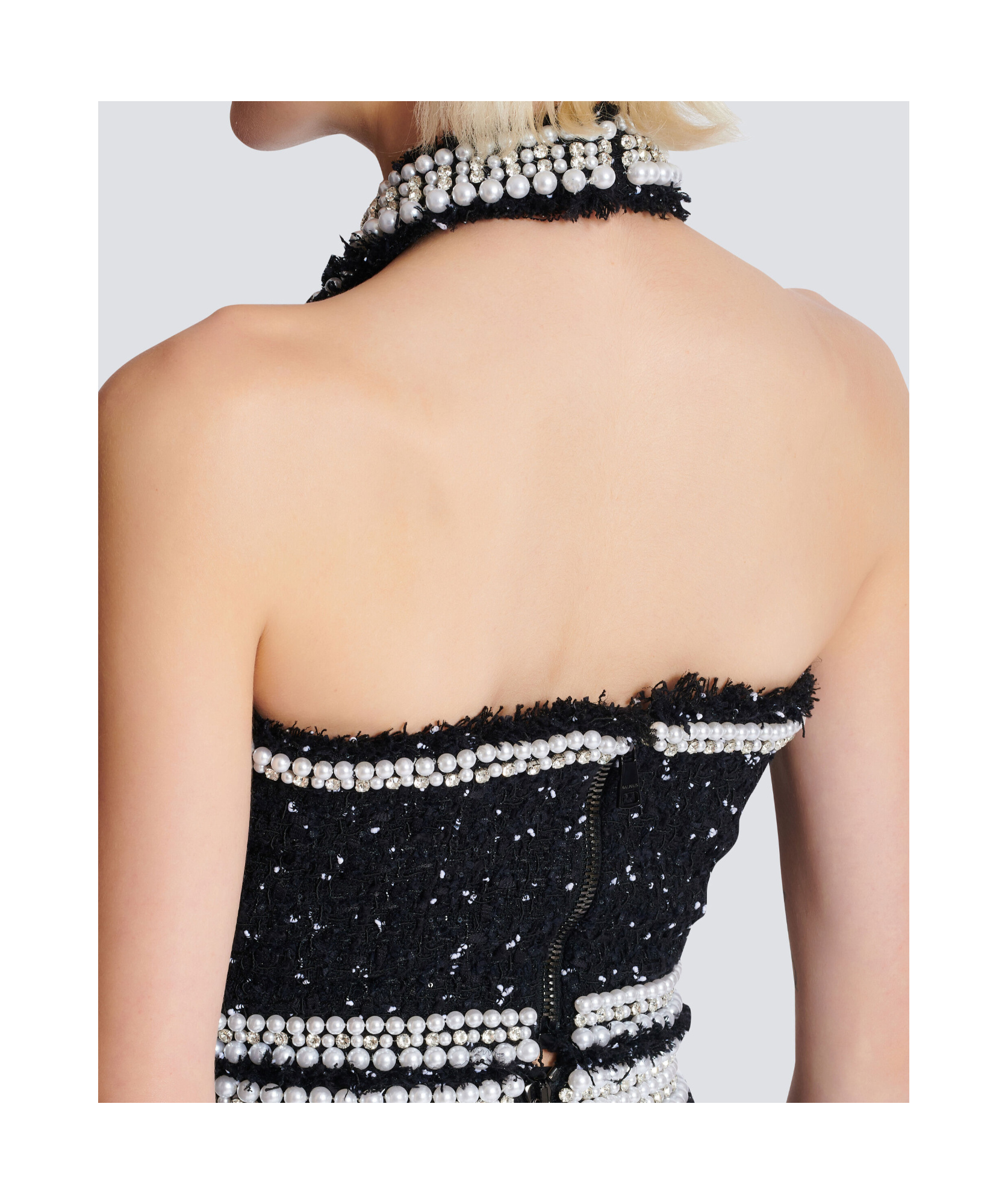 Balmain Halterneck Tweed Cropped Top In Black