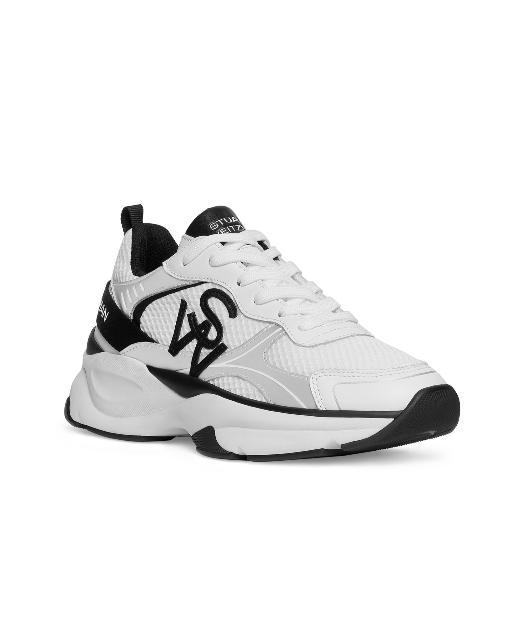 Stuart Weitzman , Sw Trainer, Sneakers, White/black/grey, Mesh/calf Leather In White