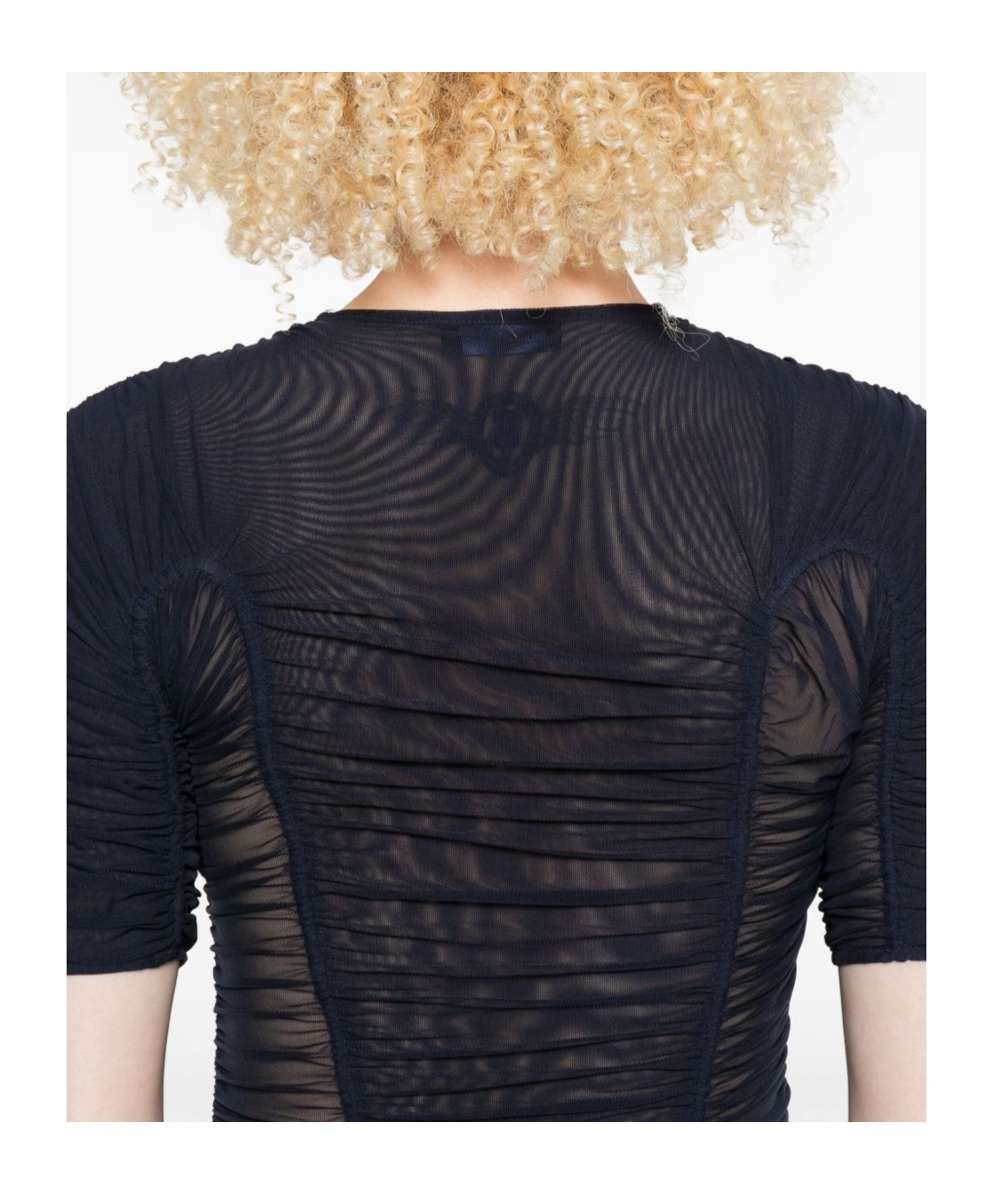 Mugler Crew Neck Mesh Top With Ruched Detailing In Blue