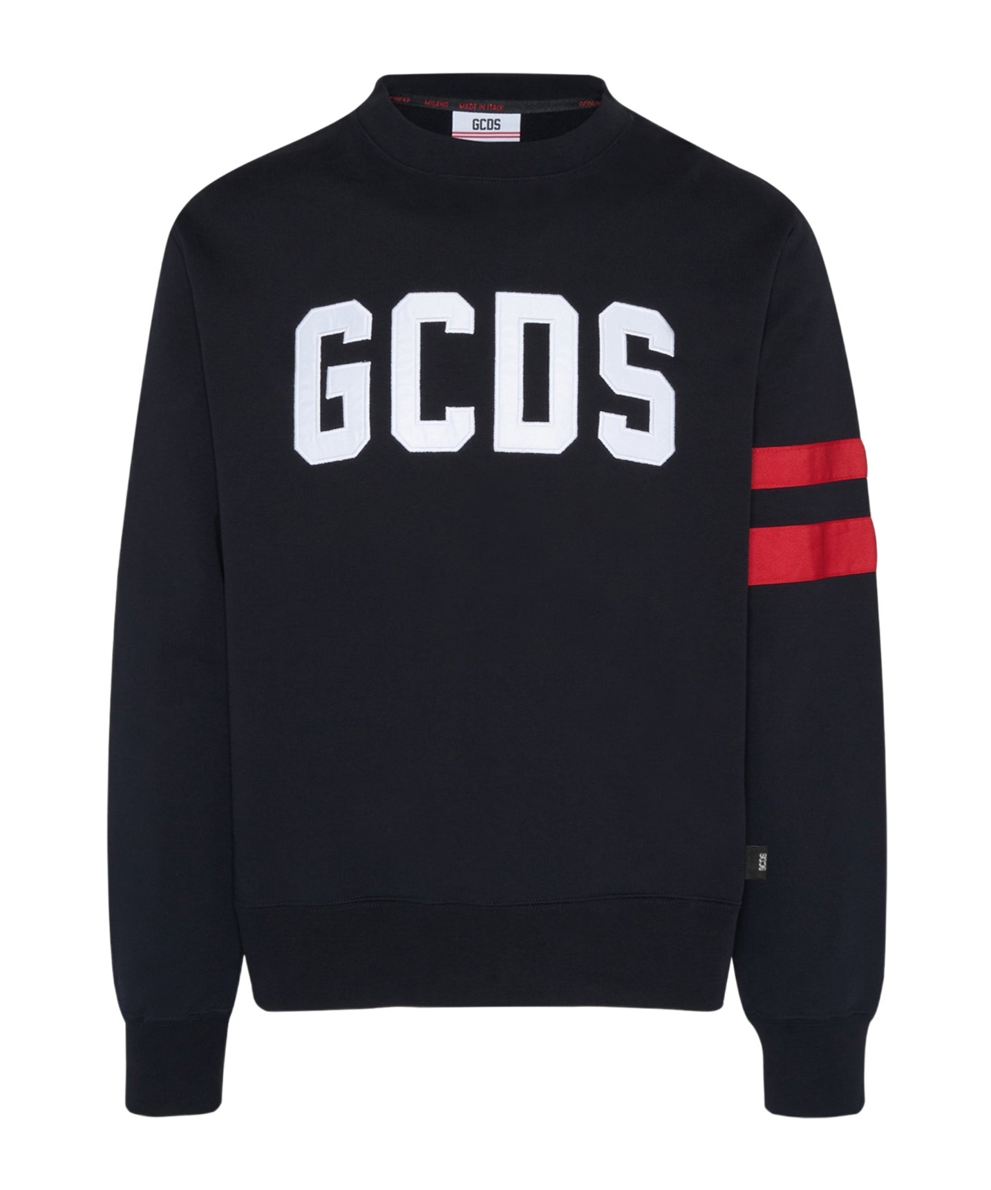 Gcds Crew Neck Sweater With Bold Logo And Striped Accents In Black