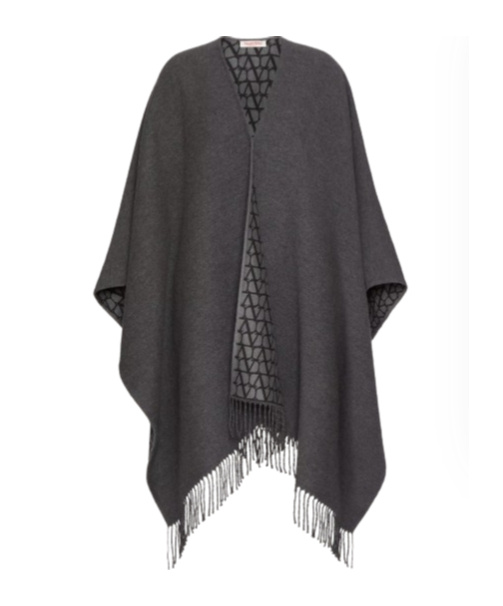 Valentino Double Poncho With Fringed Detail Edge In Black