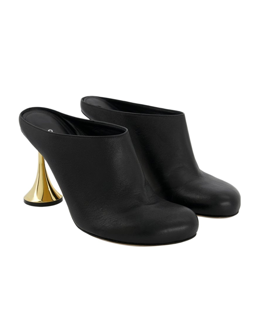 Coperni Black Leather Mules With Sculptural Gold-heel Design In Black