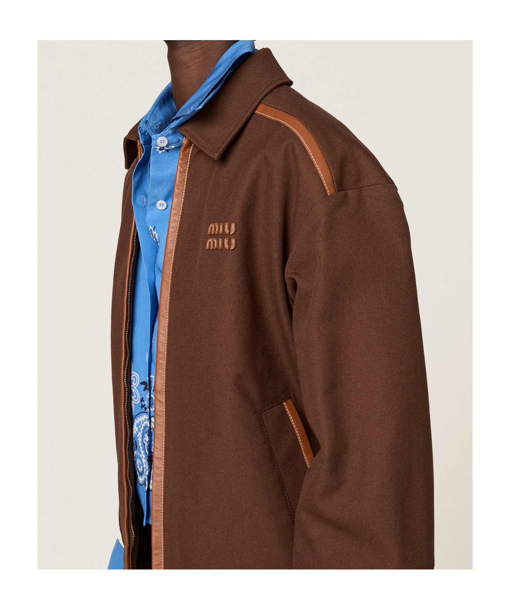 Miu Miu Jacquard Canvas Blouson Jacket In Brown