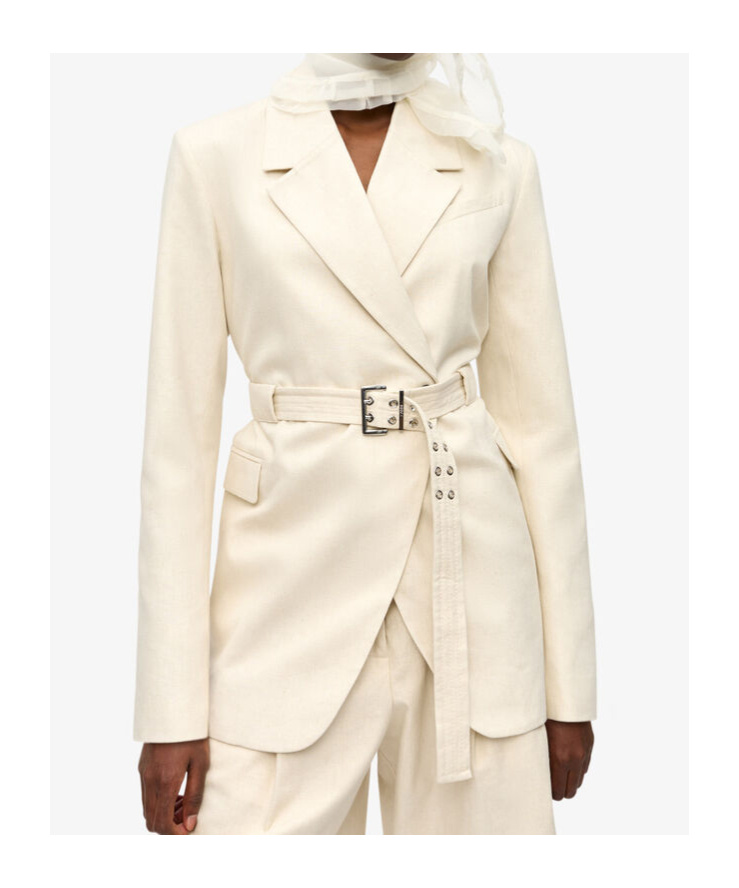Ganni Womens Angora Tailoring Belted Cotton And Linen Blazer In White