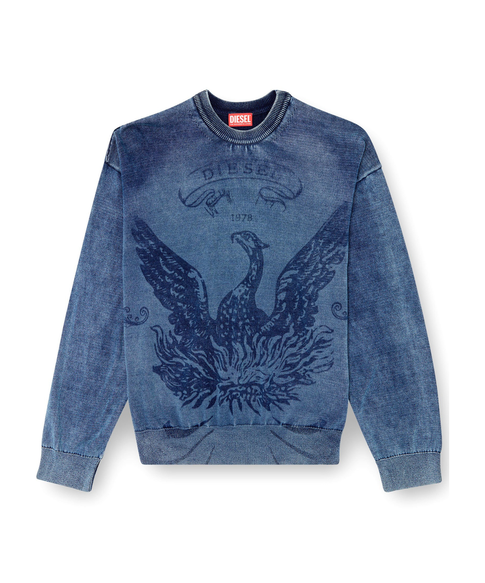 Diesel Phoenix Graphic Crewneck Sweater With Washed Effect In Blue