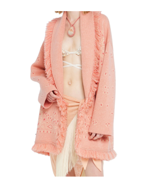 Alanui Long Fringe Cardigan Shawl Collar In Pink