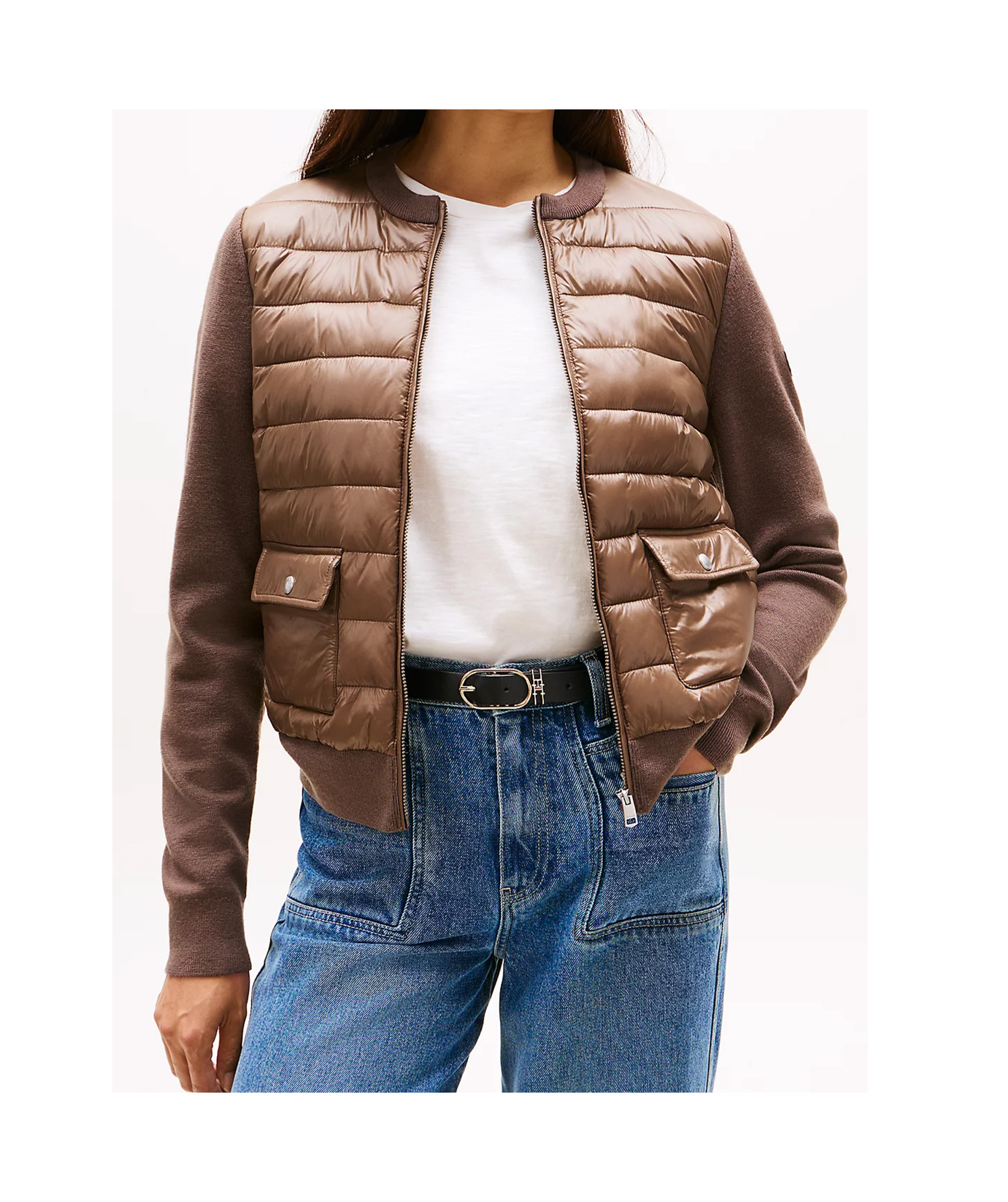 Tommy Hilfiger Knit Sleeve Ultra Light Padded Jacket In Brown