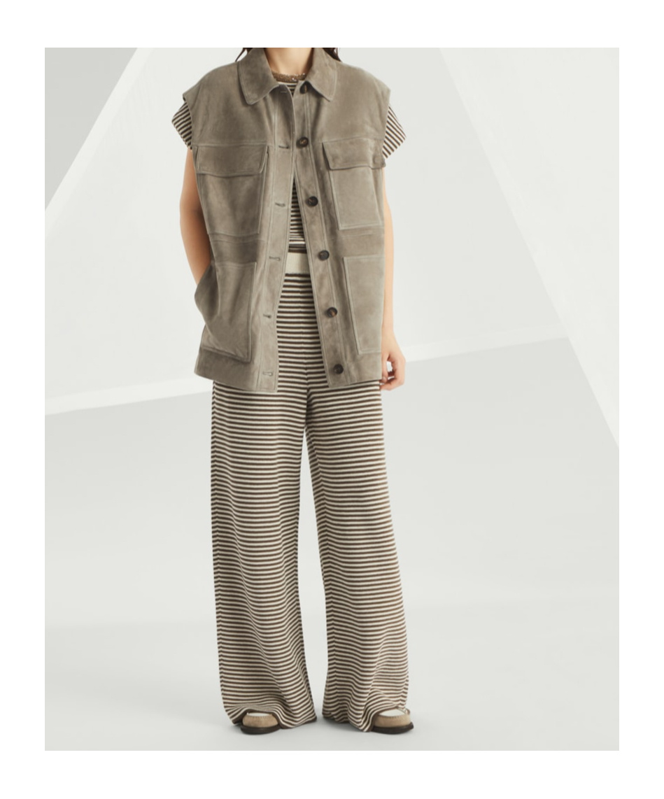 Brunello Cucinelli Cotton-knit Stripe Trousers In Nude