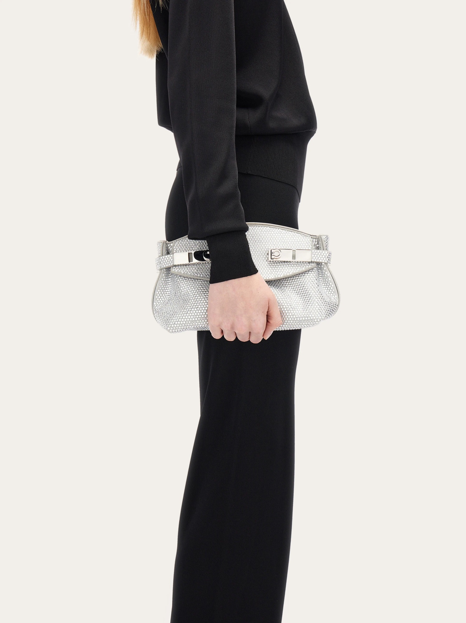 Ferragamo Crystal Decorated Mini Hug Shoulder Bag In Gray
