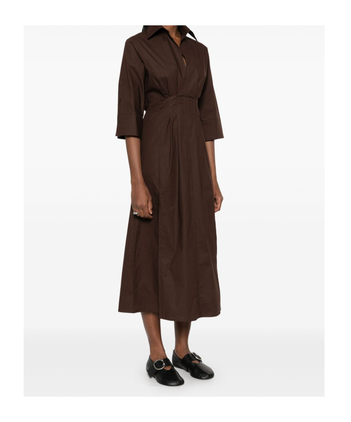 Seventy Chocolate Brown Popelin Dress With Pleat Detailing And Side Slits In Black