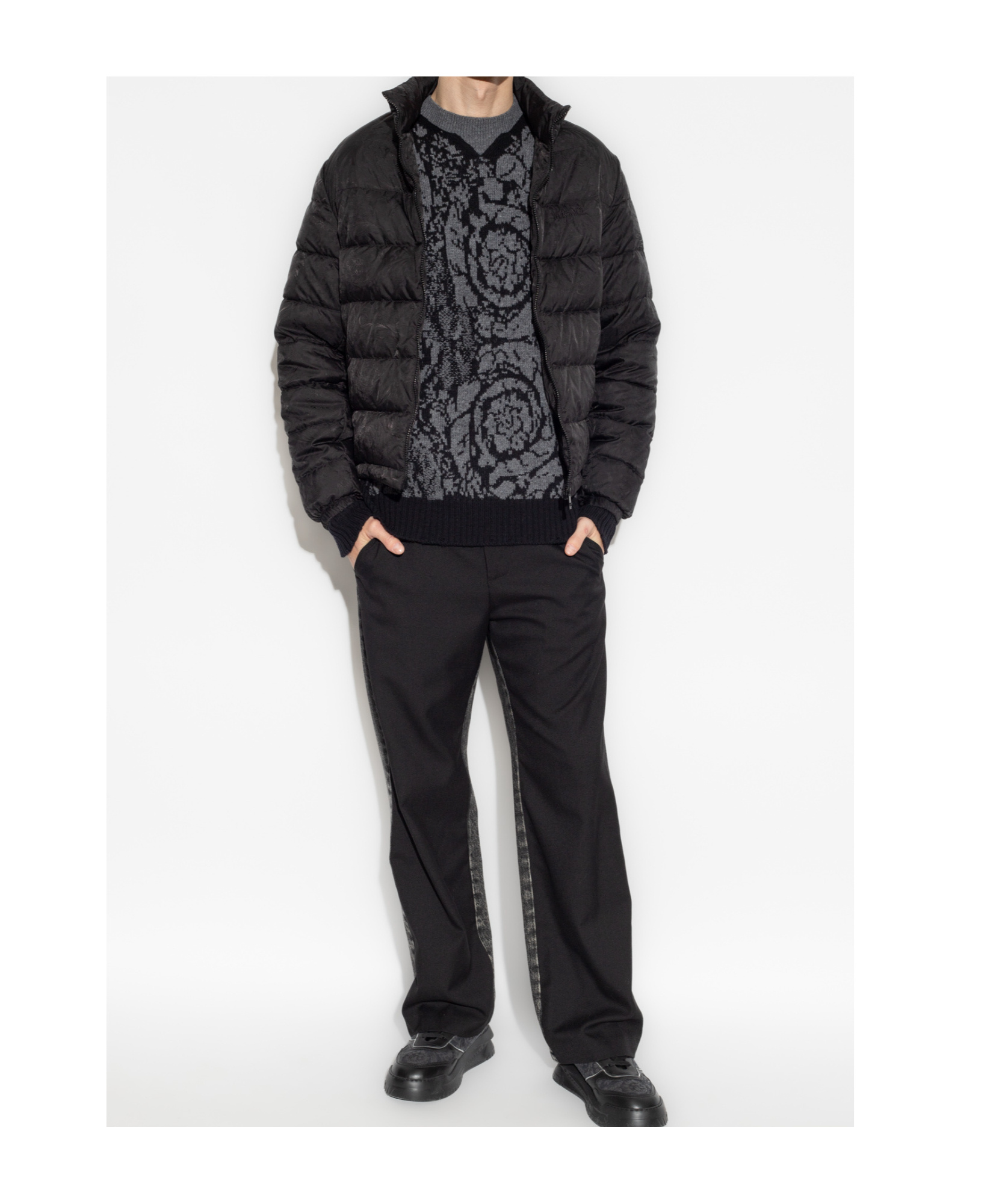 Versace Barocco Jacquard Zip-up Puffer Jacket In Black