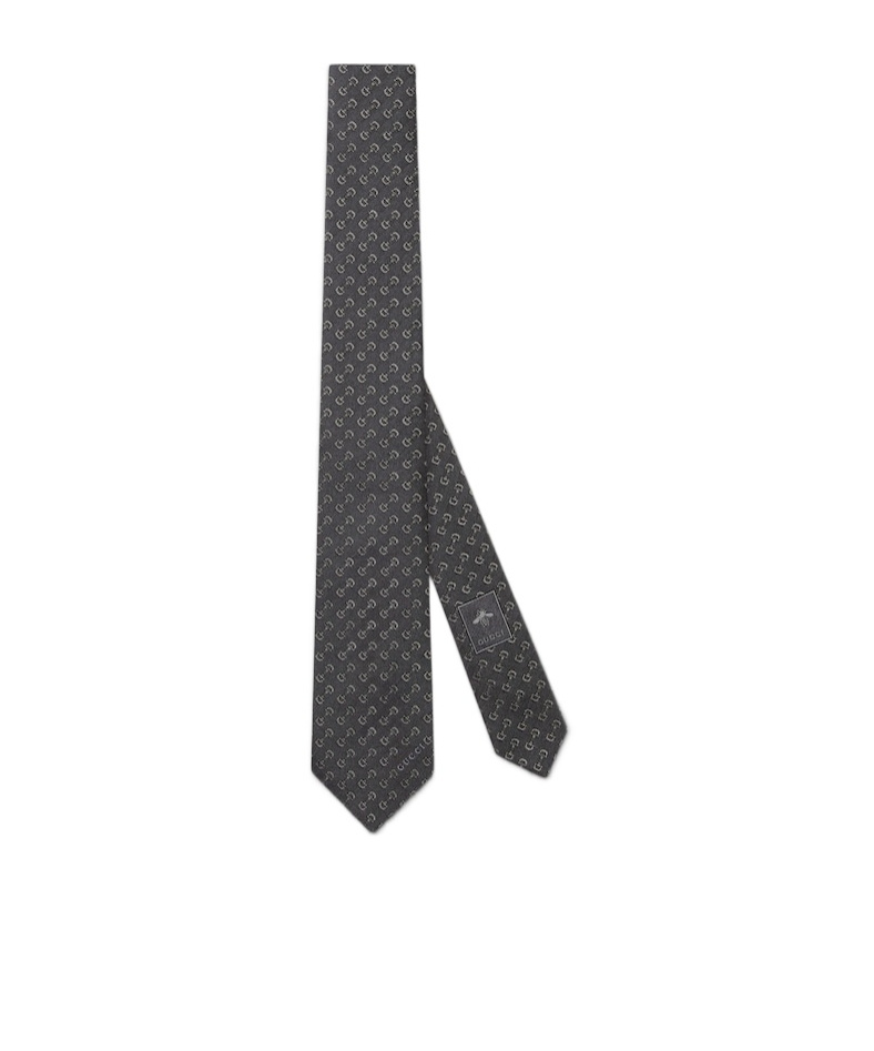 Gucci Men Black Horsebit Silk Jacquard Tie In Black