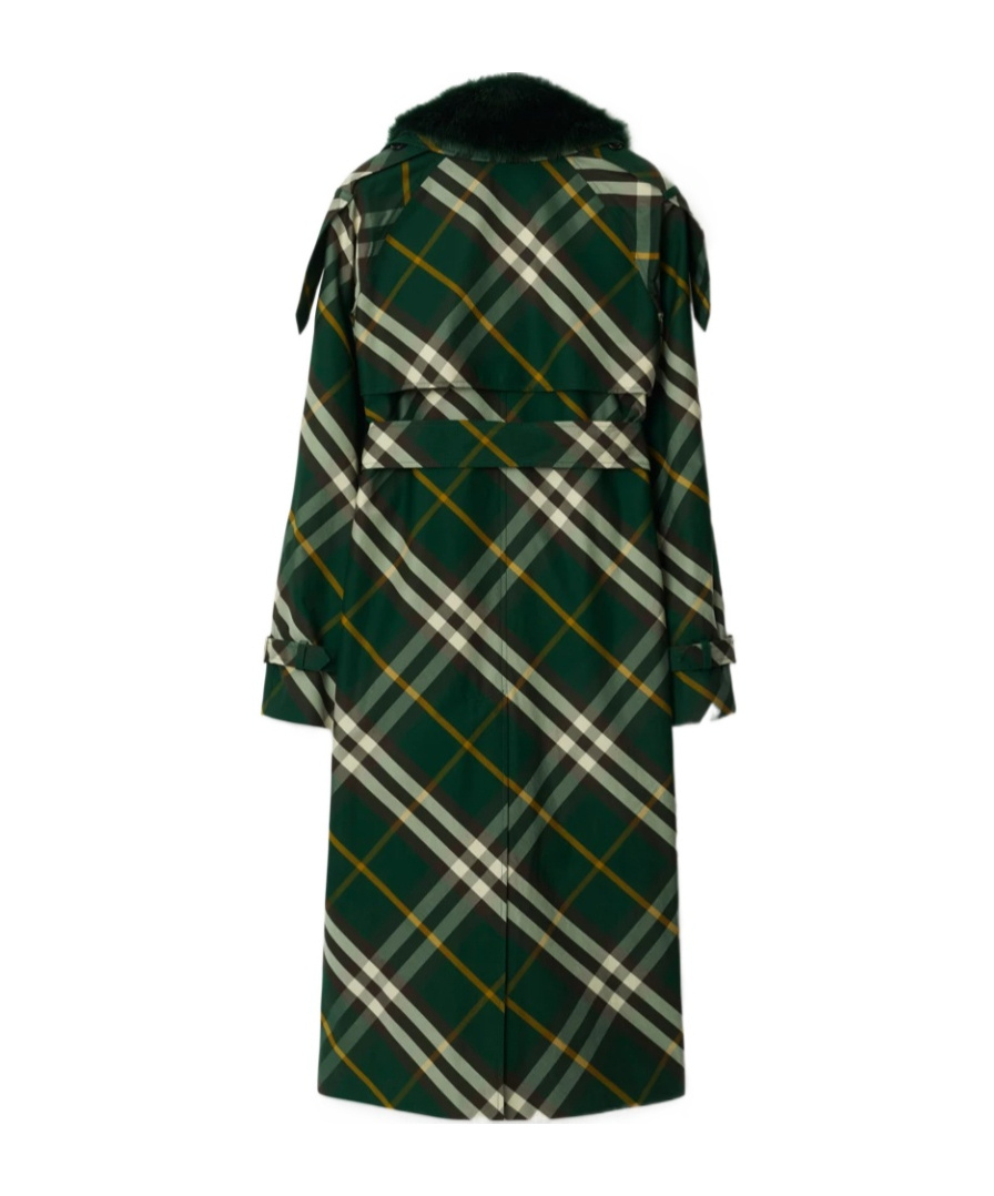 Burberry Check Belted Trench Coat With Faux Fur Collar In Black