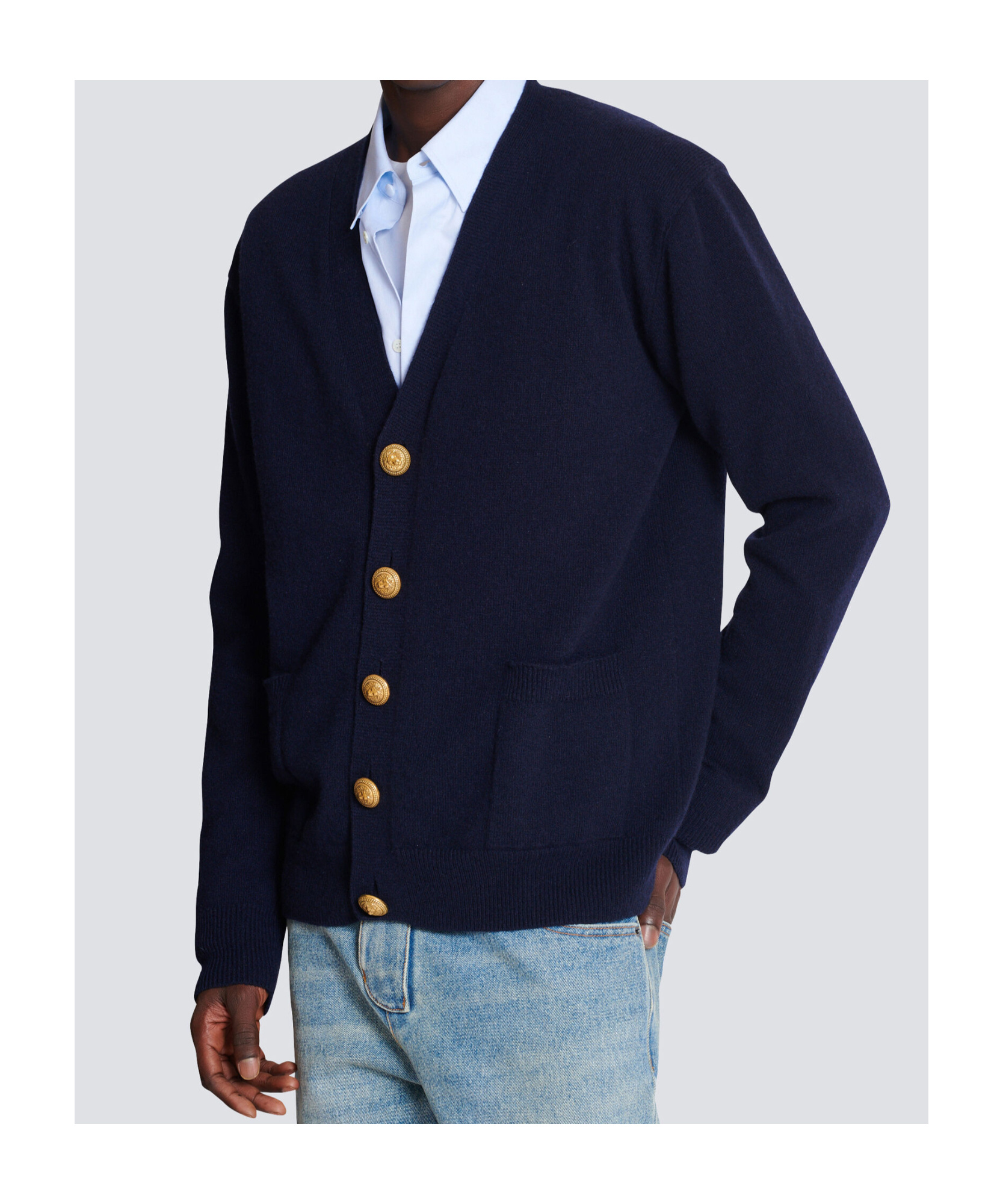 Balmain V-neck Blazer With Ribbed Cuffs And Hem In Blue