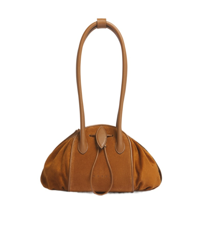 Marni Logo Stamped Tulipea Shoulder Bag In Brown