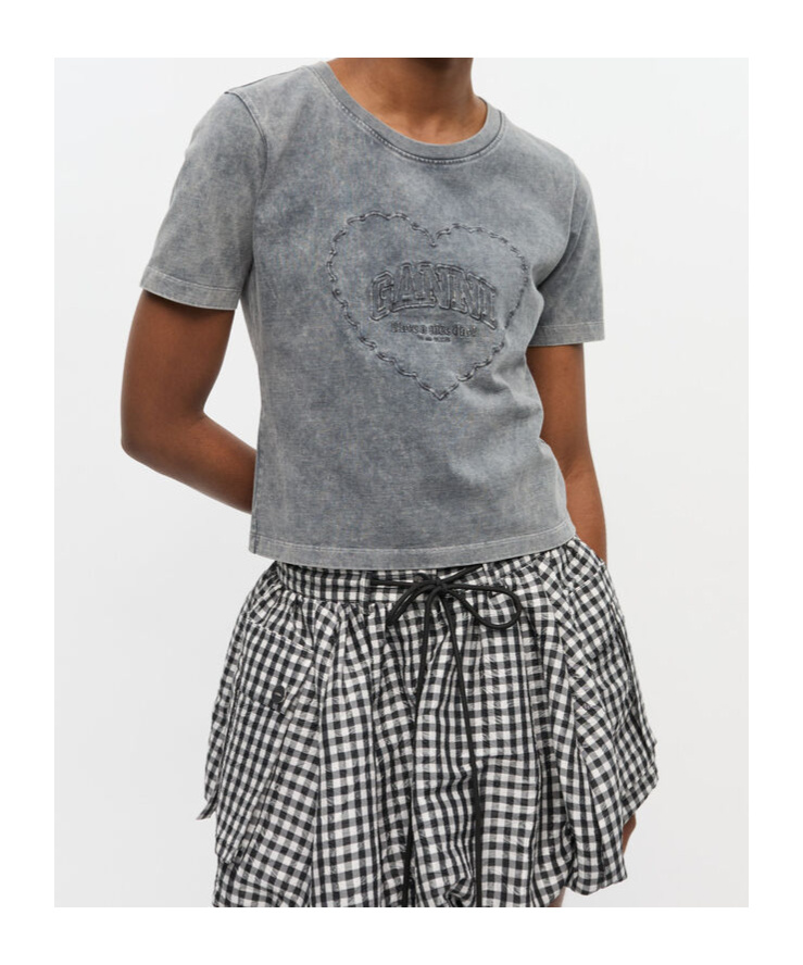 Ganni Cotton T-shirt Featuring Heart Embroidery In Gray