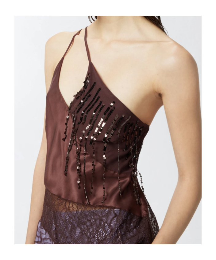 Pinko One-shoulder Satin Top With Lace And Sequins In Brown