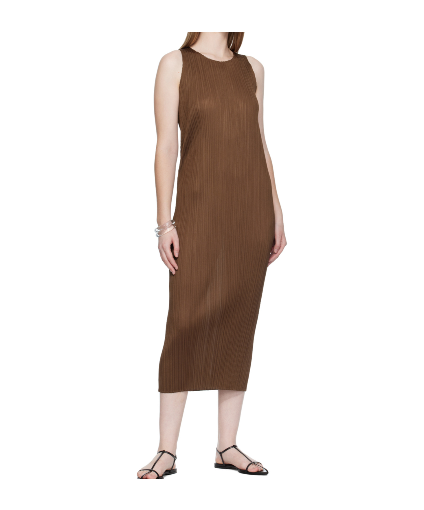 Issey Miyake Pleated Midi Dress In Brown