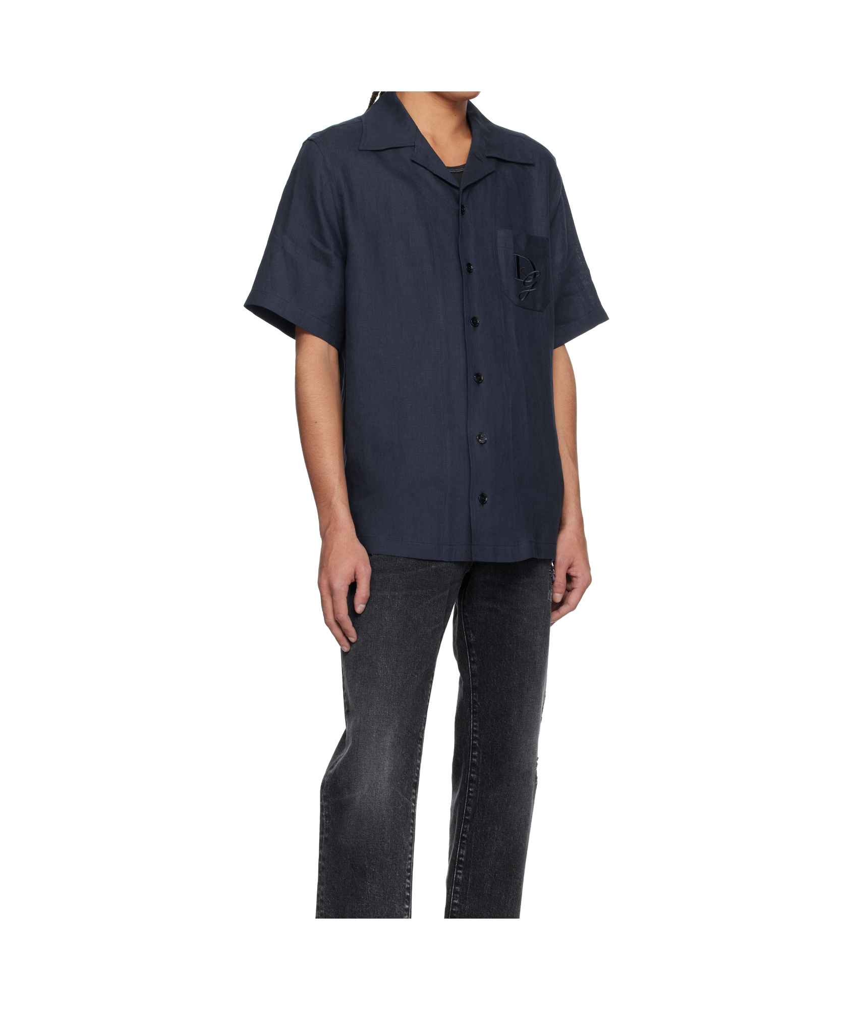 Dolce & Gabbana Blue Linen Short-sleeve Shirt With Pocket In Black