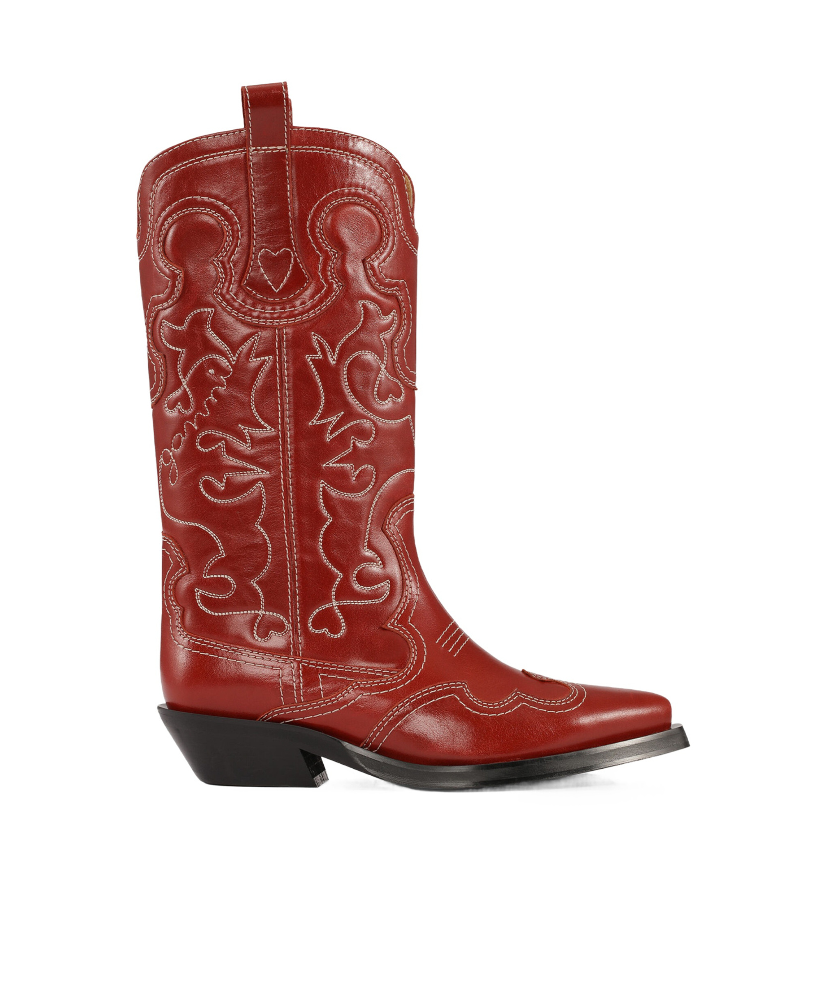 Ganni Mid Shaft Embroidered Western Boots In Red