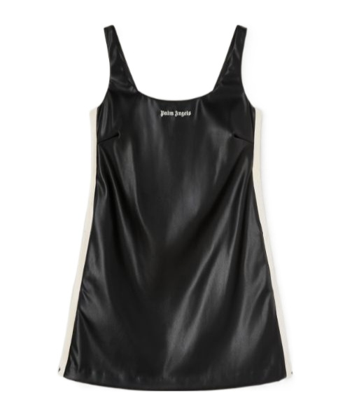 Palm Angels Leather-effect Logo Mini Dress In Black