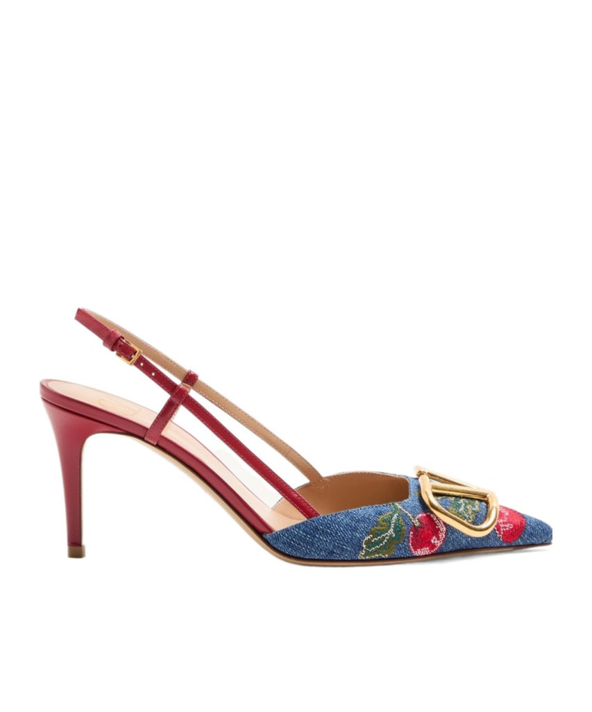 Valentino Garavani Vlogo Signature Slingback Pumps In Denim With Cherryfic Embroidery 80mm