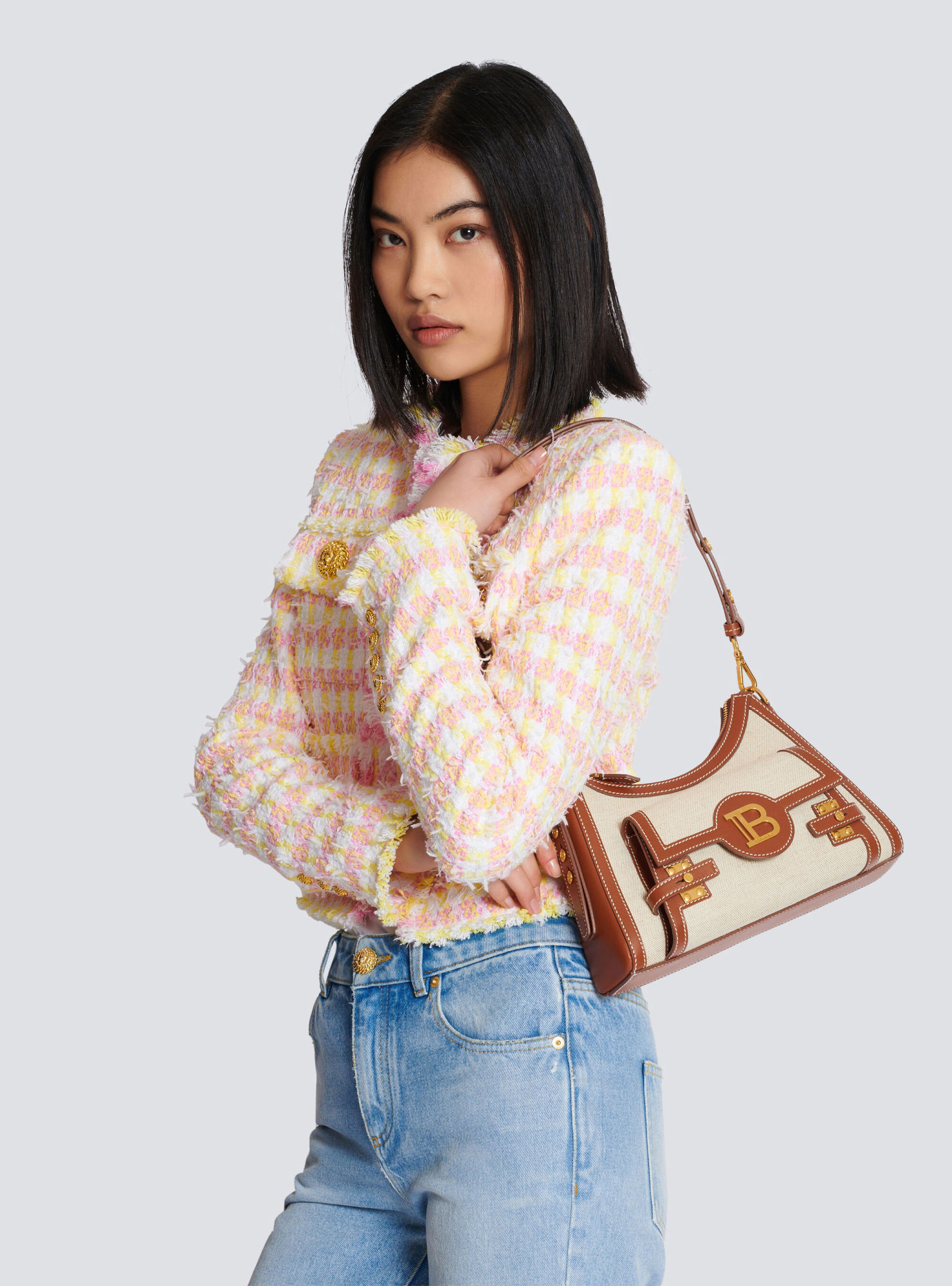 Shop Balmain B-buzz Hobo Bag In Leather And Canvas In Nude