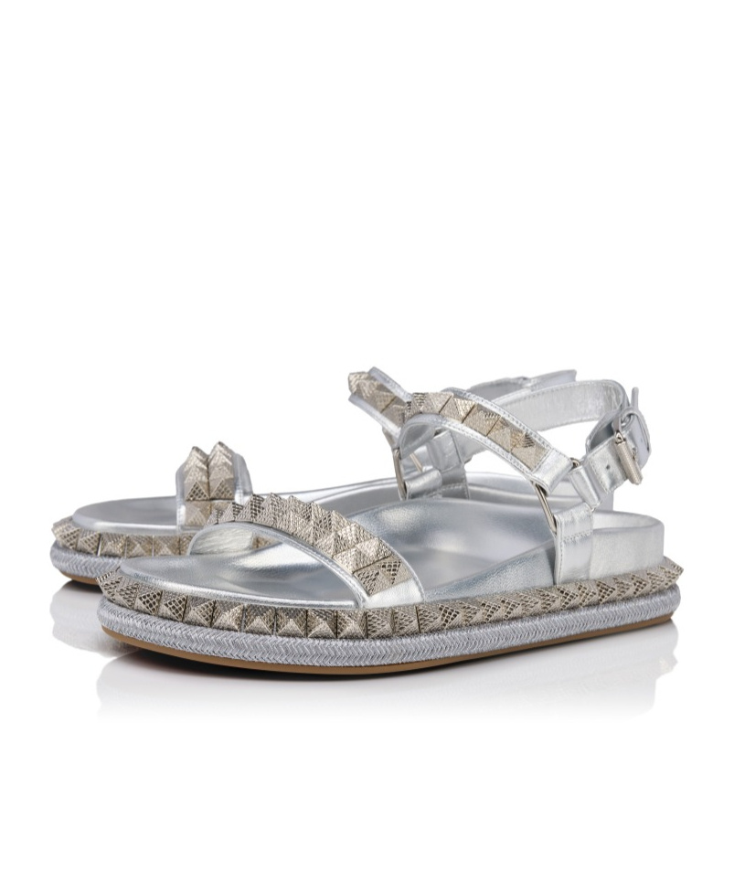 Christian Louboutin Womens Silver Pyrabizz Flat Leather Sandals Eur 40 / 7 Uk In Silver