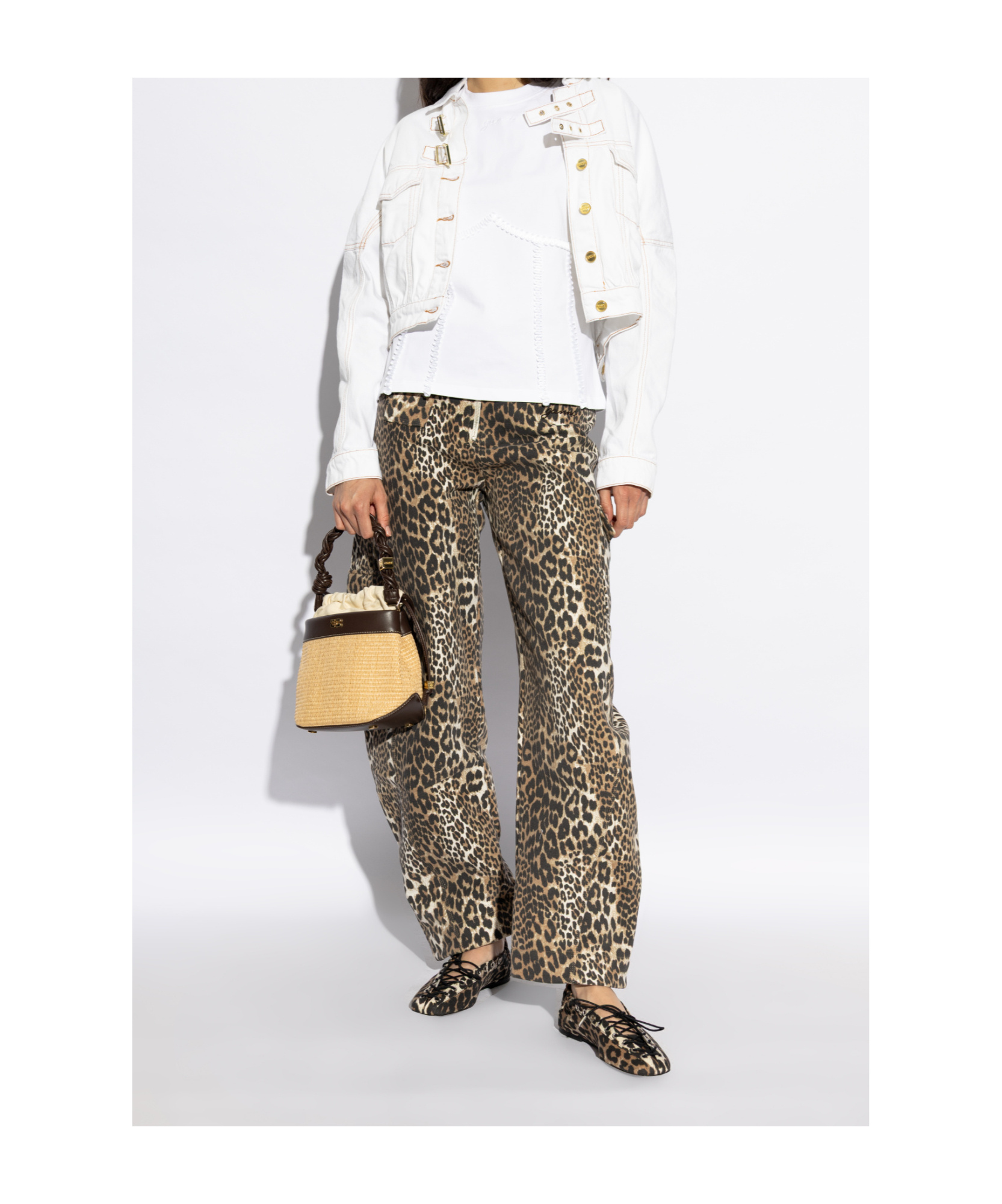 Ganni Brown Lace-up Ballerinas With Metal Eyelets And All-over Print In Fabric Woman In Black